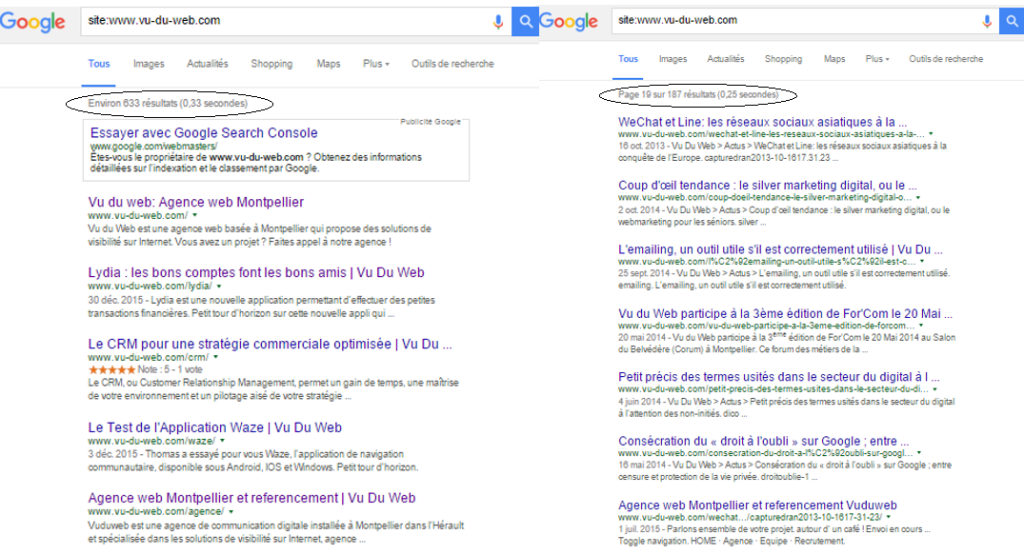 figure 1 : exemple de données contradictoires de l'indexation des pages de Vu du Web sur Google (suite à notre refonte).