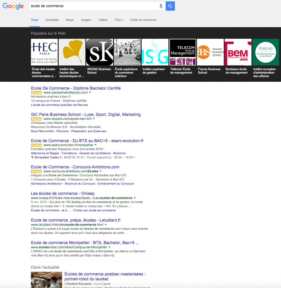 Trouver une ecole de commerce dans google