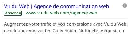 Annonce adwords search de l'agence Vu du Web