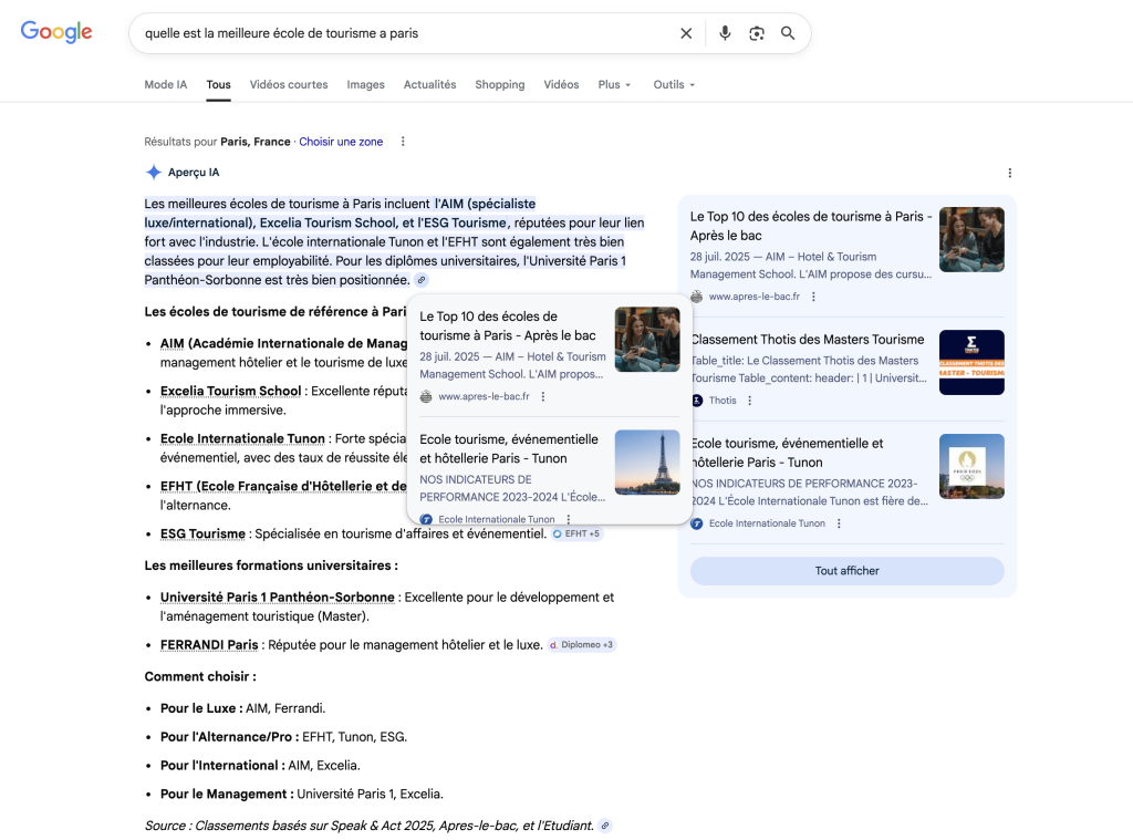 Liste des écoles de tourisme à Paris sur AI overview de Google